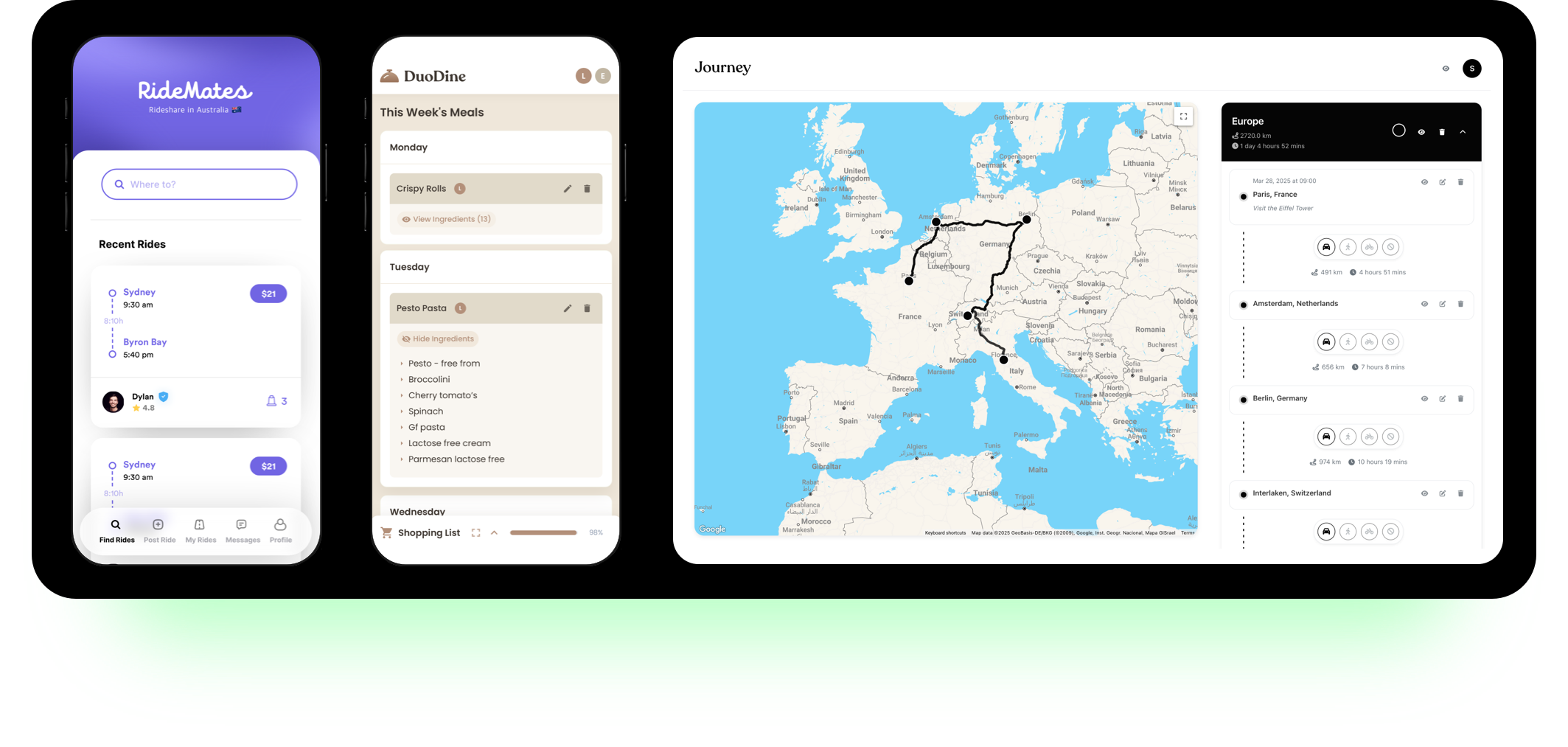 Portfolio of custom apps built by Starklab — RideMates rideshare app, DuoDine meal planner, and Journey travel route planner